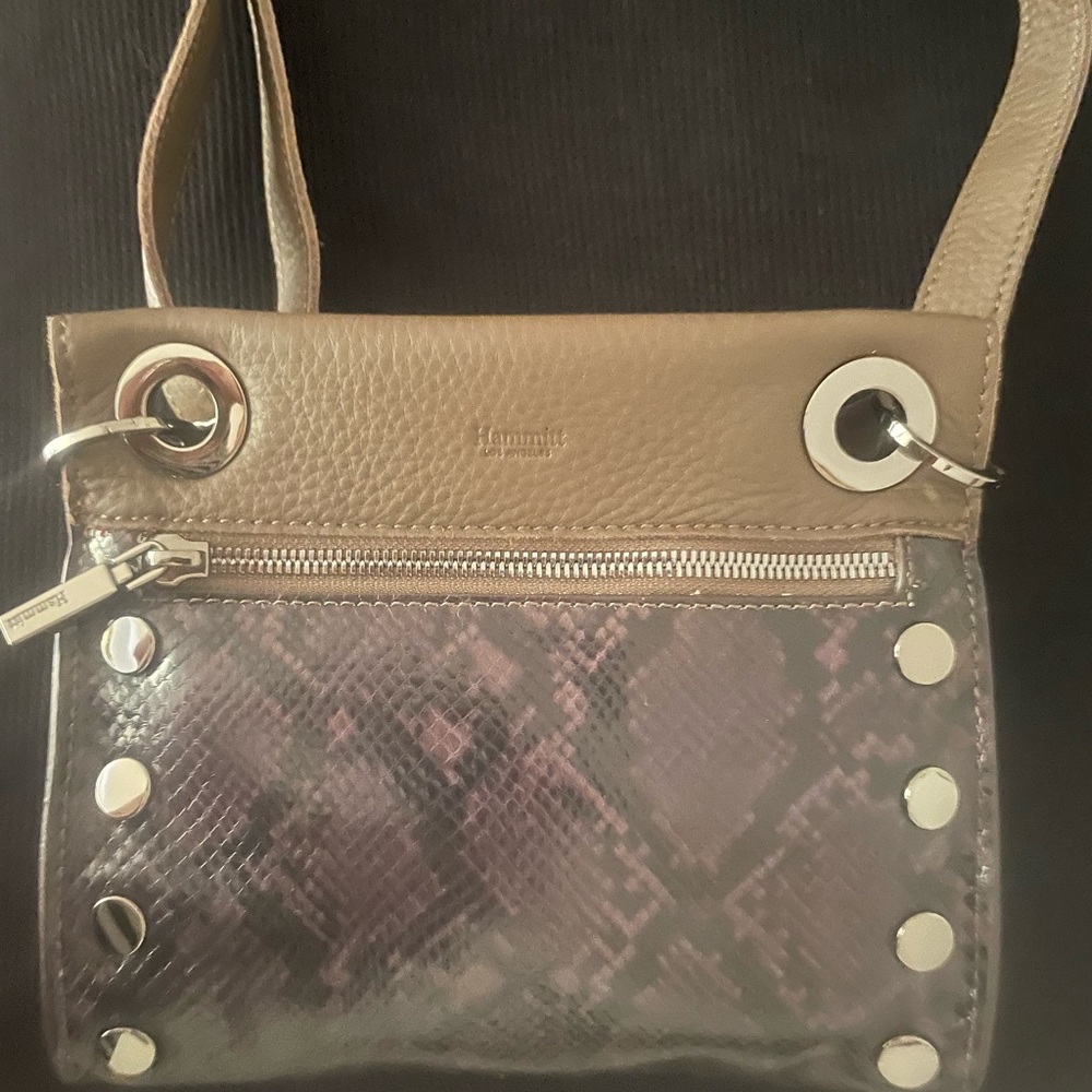 Hammitt Taupe and Snake Print Brush Silver Italian Leather Shoulder Bag